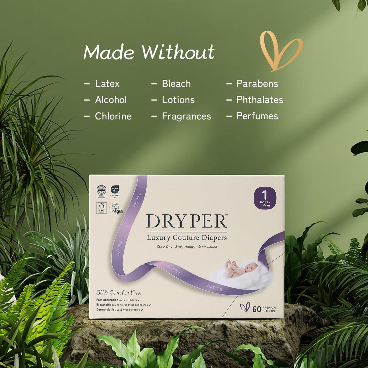 DRYPER Baby Nappies - Size 1 (3-5kg / 6-11lbs), 1 Pack (10 Nappies), Pure Natural Cotton