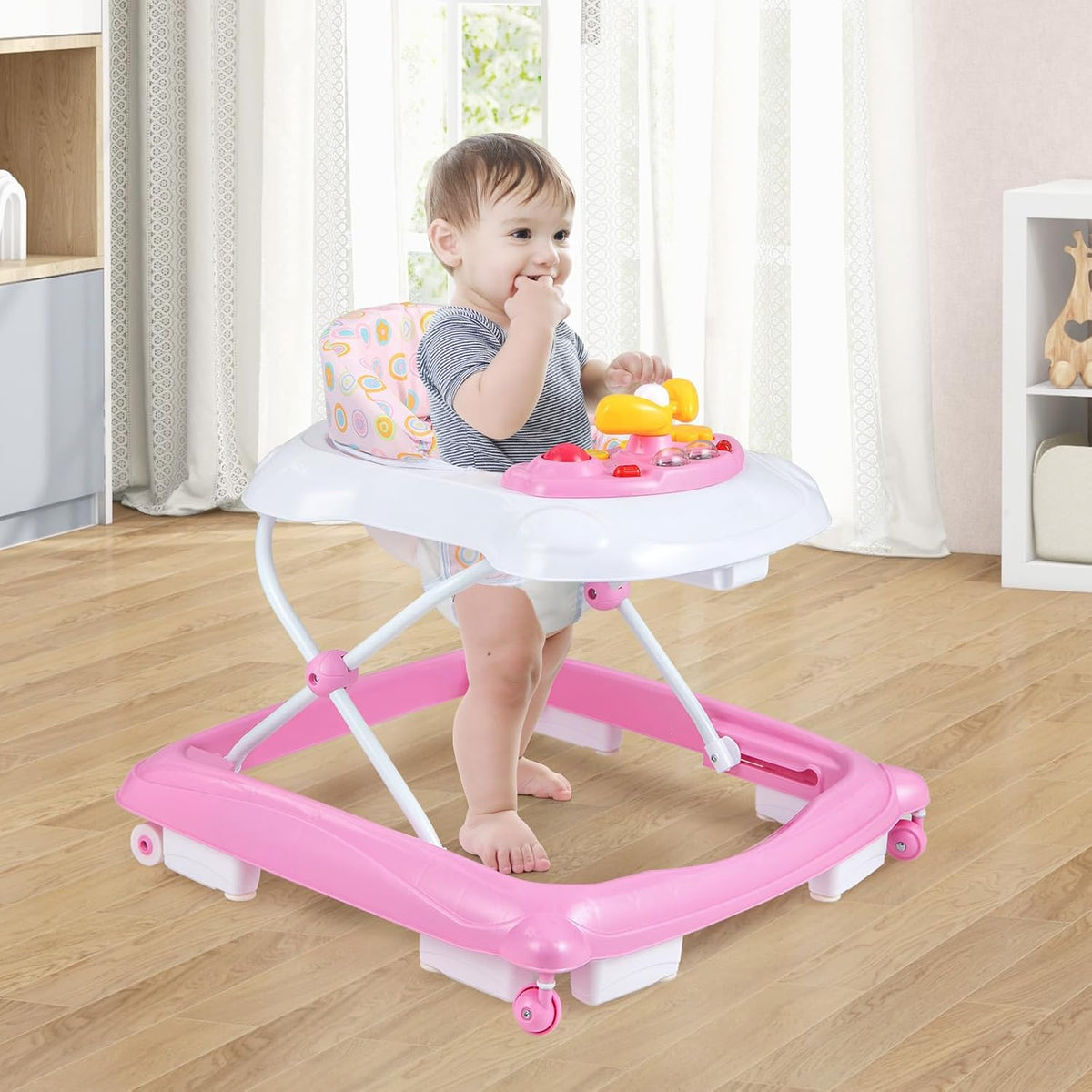 BABY JOY Foldable Baby Walker, Toddler Activity Center Push Walker with 3 Adjustable Heights(Pink)