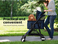 PaWz Large Pet Stroller Dog Cat Carrier Travel Pushchair Foldable Pram 4 Wheels Blue, Travel Pram, Dog Cat Trolley, Detachable Design Baby Pet Travel Stroller, Removable and Washable Padded