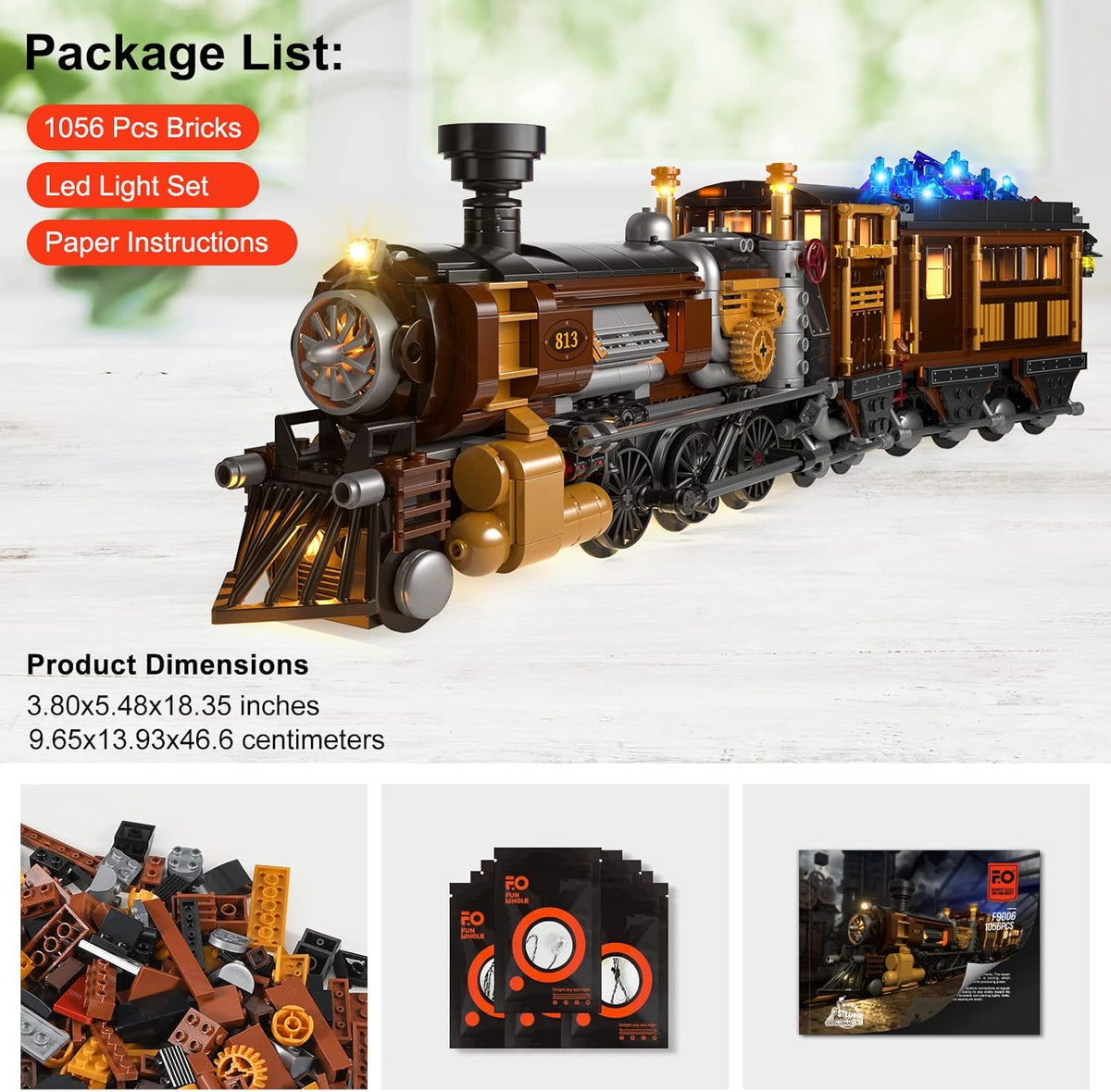 Funwhole Train Lighting Building Bricks Set - Steampunk Ore Train LED Light Building Set 1056 Pieces for Adults and Teens