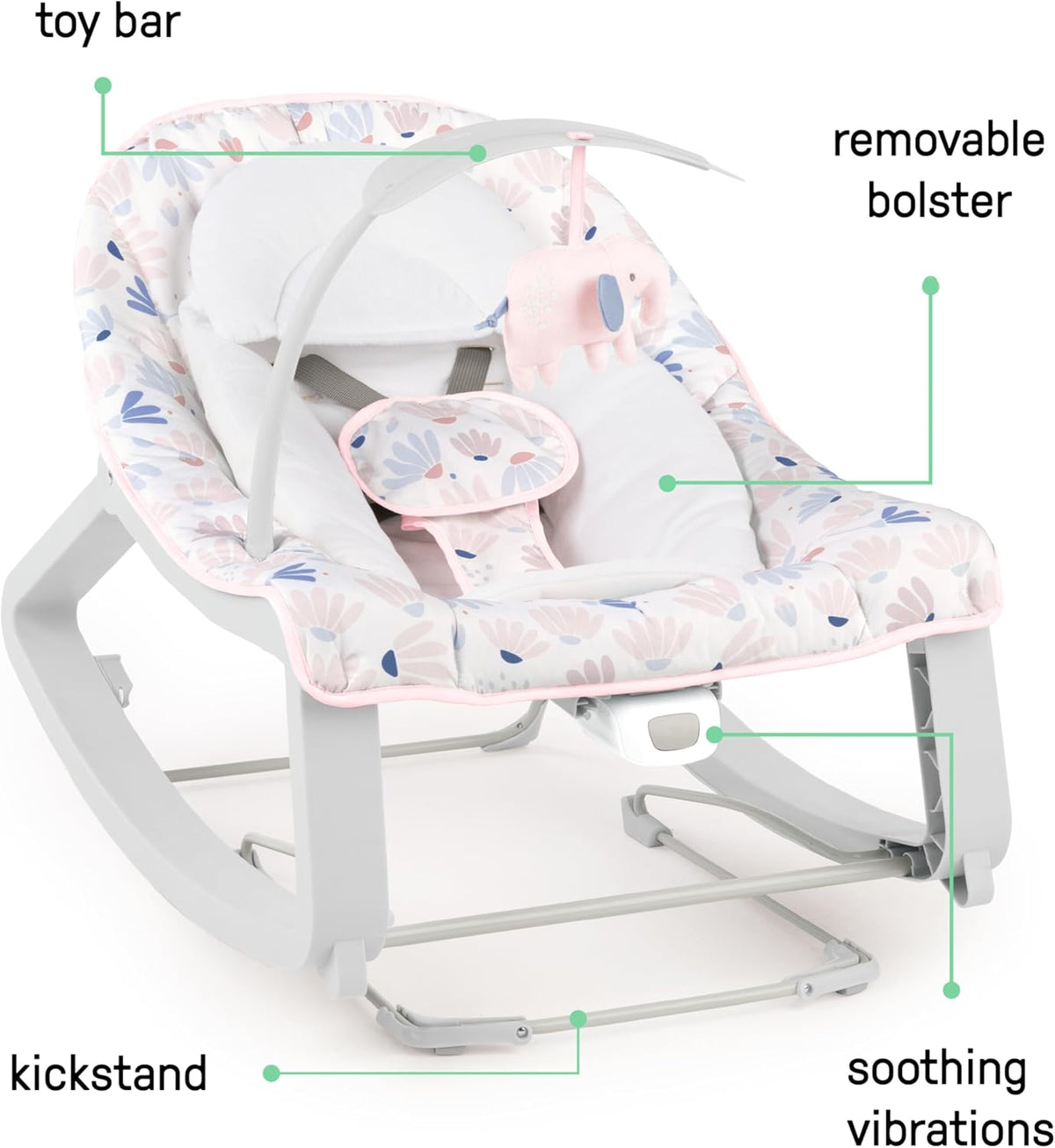Ingenuity Keep Cozy 3-in-1 Grow with Me Vibrating Baby Bouncer Seat & Infant to Toddler Rocker, Vibrations & Toy Bar, 0-30 Months Up to 40 lbs (Pink Burst)