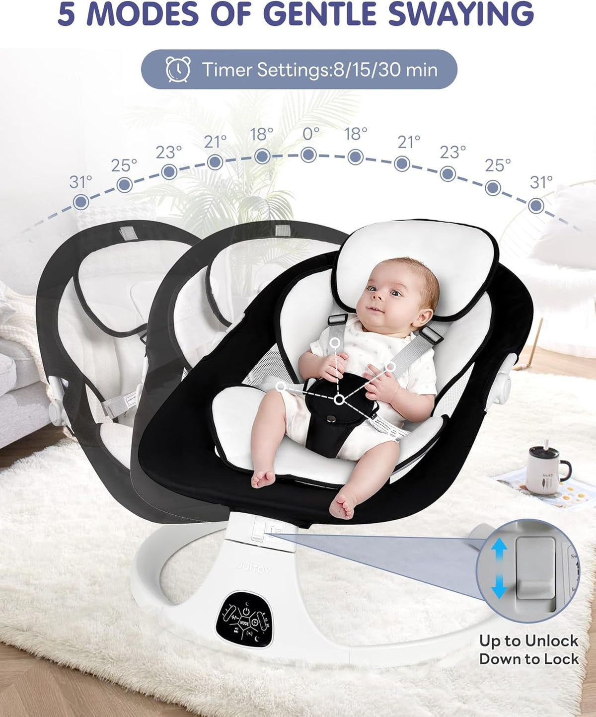 Electric Baby Swings for Infants to Toddler Baby Swing with 5-Speed 3-Seat Positions 5-Point Carabiner,with Bluetooth Music 10-Preset Melodies Removable Cushion