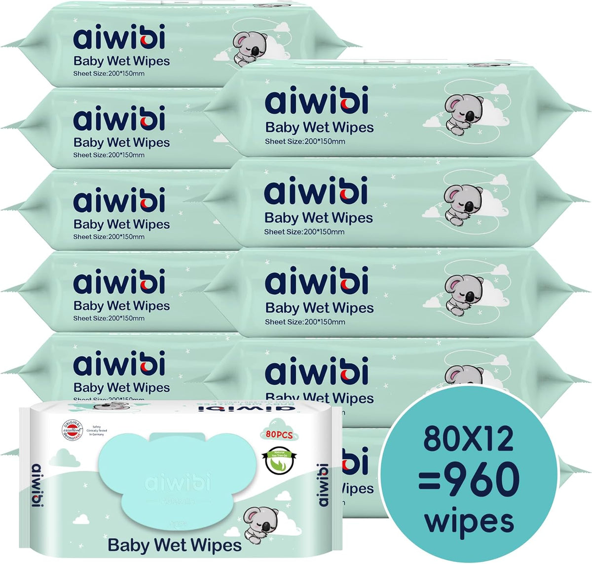 Baby Wipes Sensitive Skin Wet Wipes, 99% Purified Water, Aloe, Natural Tea Tree Oil (960 Count))