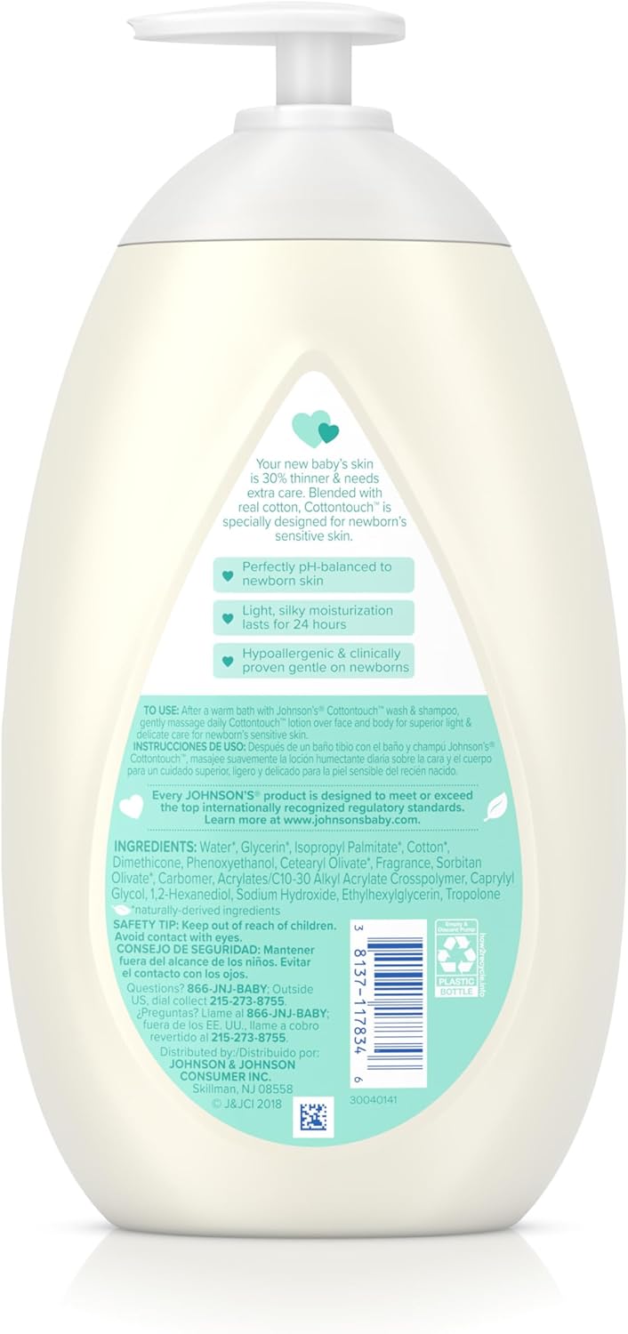 Johnson's CottonTouch Newborn Baby Face and Body Lotion, Made with Real Cotton, 27.1 fl. oz