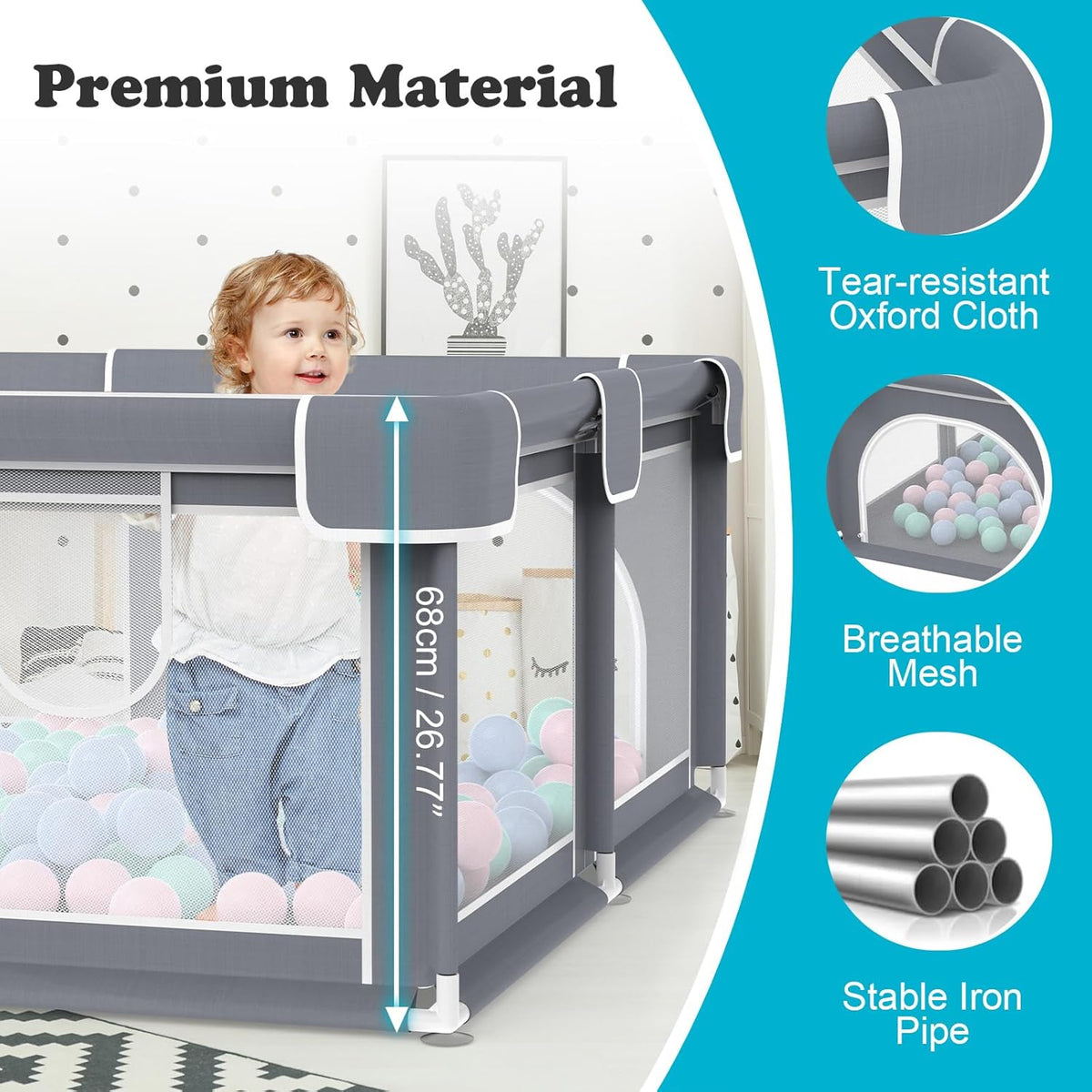 Advwin Baby Playpen 185 × 155cm (Gray)