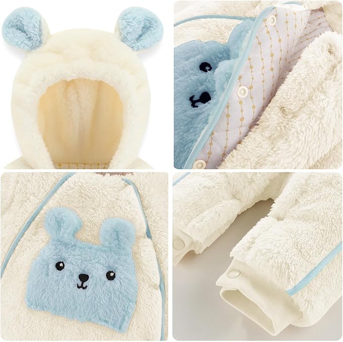 KEOYA Newborn Infant Unisex Baby Thicken Fleece Coveralls Romper Hooded Footies Cute Rabbit Snowsuit Outfit 0-18M