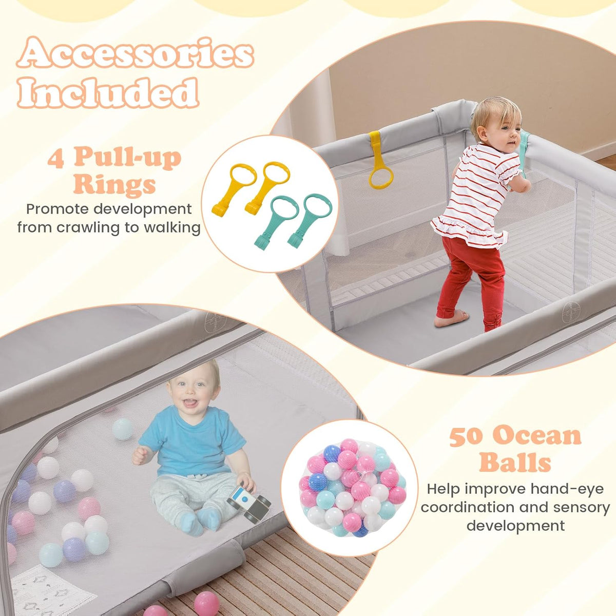 BABY JOY Baby Playpen 150 x 150 cm, BPA-Free Foldable Toddlers Safety Fence Play Yard with Zipper Gate, 50 Ocean Balls and 4 Pull-up Ring