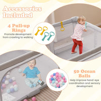 BABY JOY Baby Playpen 150 x 150 cm, BPA-Free Foldable Toddlers Safety Fence Play Yard with Zipper Gate, 50 Ocean Balls and 4 Pull-up Ring