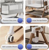 Baby Bassinet Bedside Sleeper with Mattress, 6-Level Height Adjustable Co-Sleeper, Convertible Baby Crib with Breathable Mesh, 360° Wheels & Storage Basket