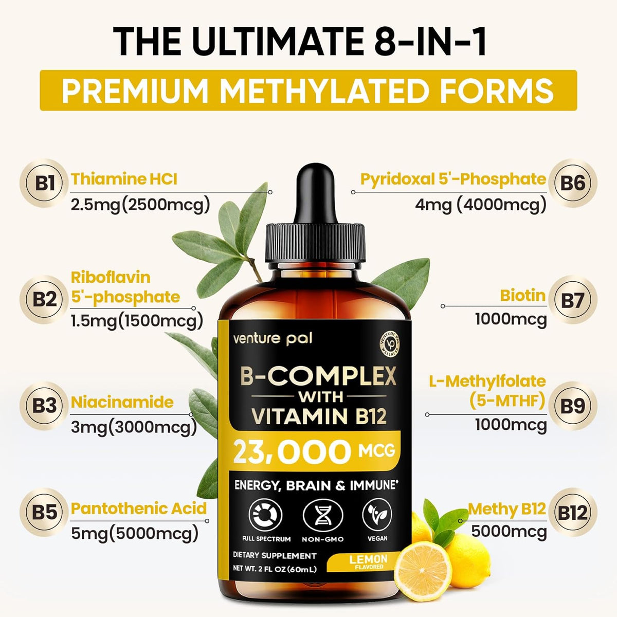 Venture Pal 11-in-1 Vitamin B Complex Liquid Drops, B12 Methylcobalamin | B9 Folic | B1,B2,B3,B5,B6,B7 - Vitamin C, Choline, Inositol, Immune & Energy Metabolism, Brain & Heart Support