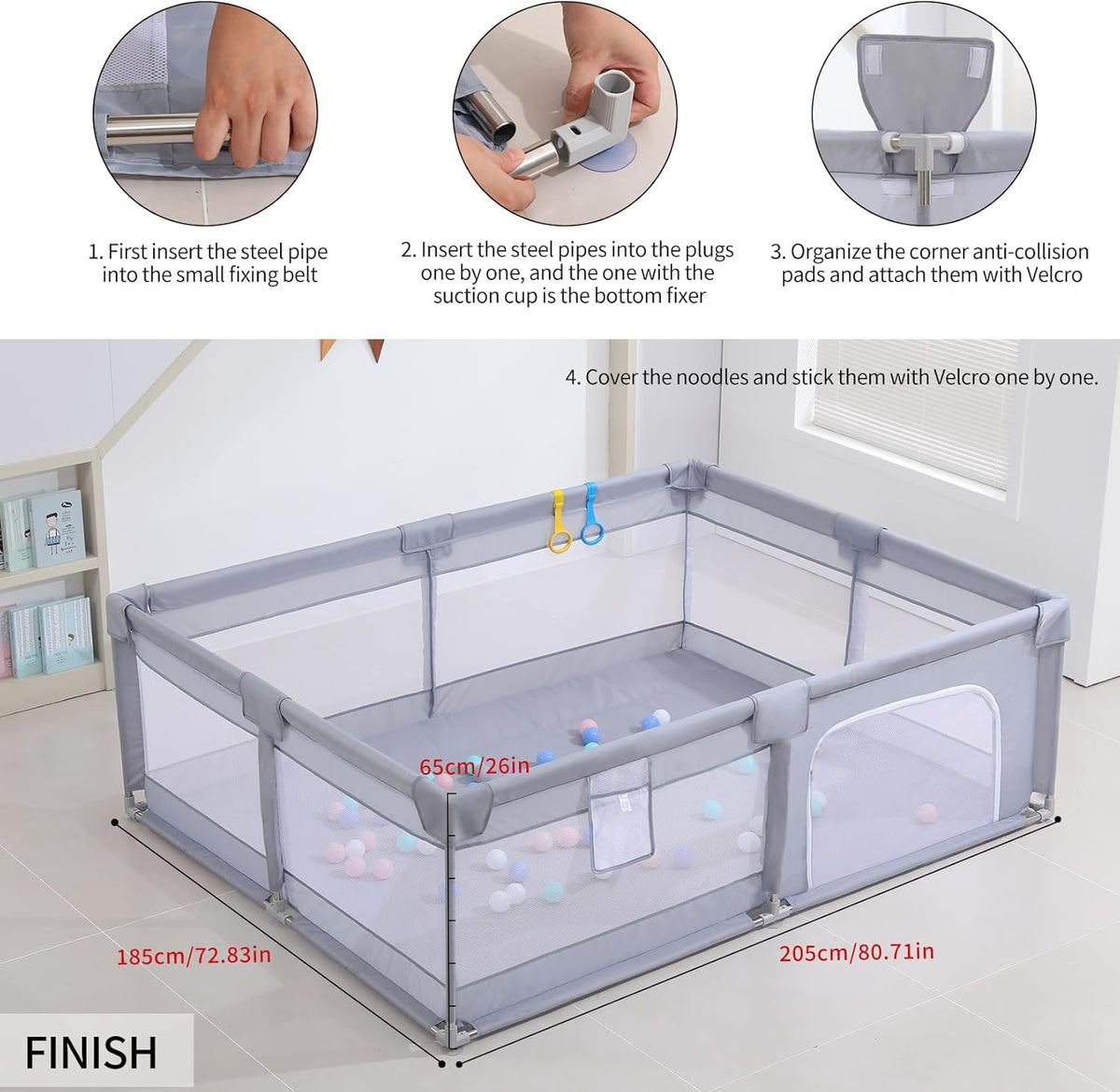 Baby Playpen, Playpens for Babies, Large Playard for Toddlers (Gray, 205 * 185cm)