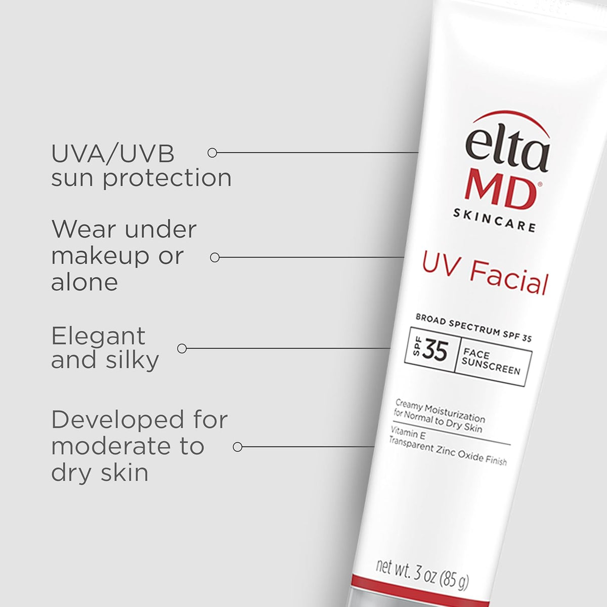 EltaMD UV Facial SPF 30+ Sunscreen Moisturizer Face Lotion, Broad Spectrum Moisturizing Sunscreen with Hyaluronic Acid, Non-Greasy, Mineral-Based Face Sunscreen with Zinc Oxide, 3.0 oz Tube