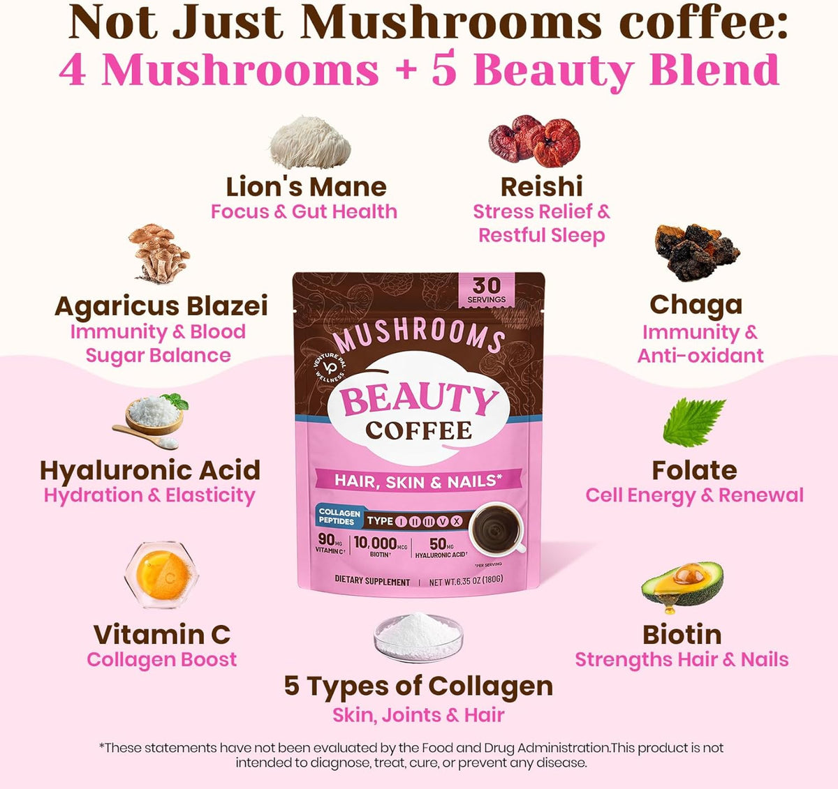 Venture Pal Premium Adaptogenic Mushroom Coffee with Multi Collagen, Lions Mane, Reishi, Chaga, Biotin, Vitamin C – Supports Energy, Focus, Skin, Hair, Nails, Joints, Digestion & Immunity,30 Servings