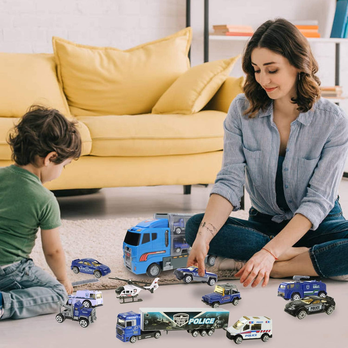 Joyfia 10 in 1 Mini Die-cast Police Truck Toy Set, Mini Patrol Rescue Vehicles in Carrier Truck Playset, Police Car Toys for 3+ Years Old Boys Girls Kids