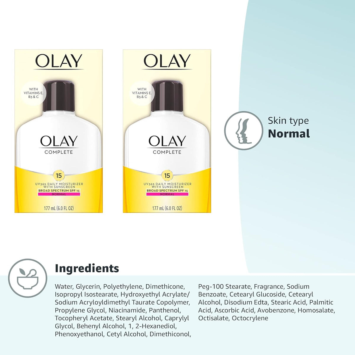 Olay Face Moisturizer Complete Lotion All Day Daily Facial Moisturizing Lotion SPF 15 for Normal Skin and Hydration, Oil-Free Non-Greasy, 6 Fl Oz (Pack of 2)