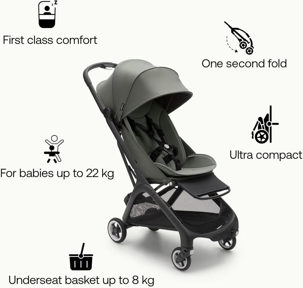 Bugaboo Butterfly Ultra Compact Travel Stroller, Small & Lightweight, Easy 1-Second Fold, Ergonomic and Extra Spacious City Pushchair from Baby to Toddler, Comfortable Steering, Forest Green