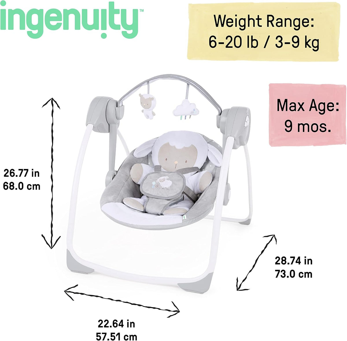 Ingenuity Comfort 2 Go Compact Portable 6-Speed Cushioned Baby Swing with Music
