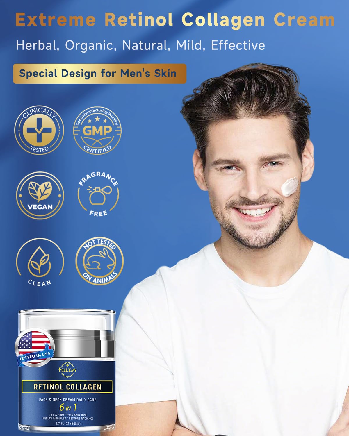 6 in 1 Face Cream for Men, Mens Face Moisturizer, Anti Aging Neck Collagen Creams for Men with Retinol Collagen & Hyaluronic Acid, Eye Bags & Dark Spot Remover, After Shave Lotion 1.7 Fl Oz