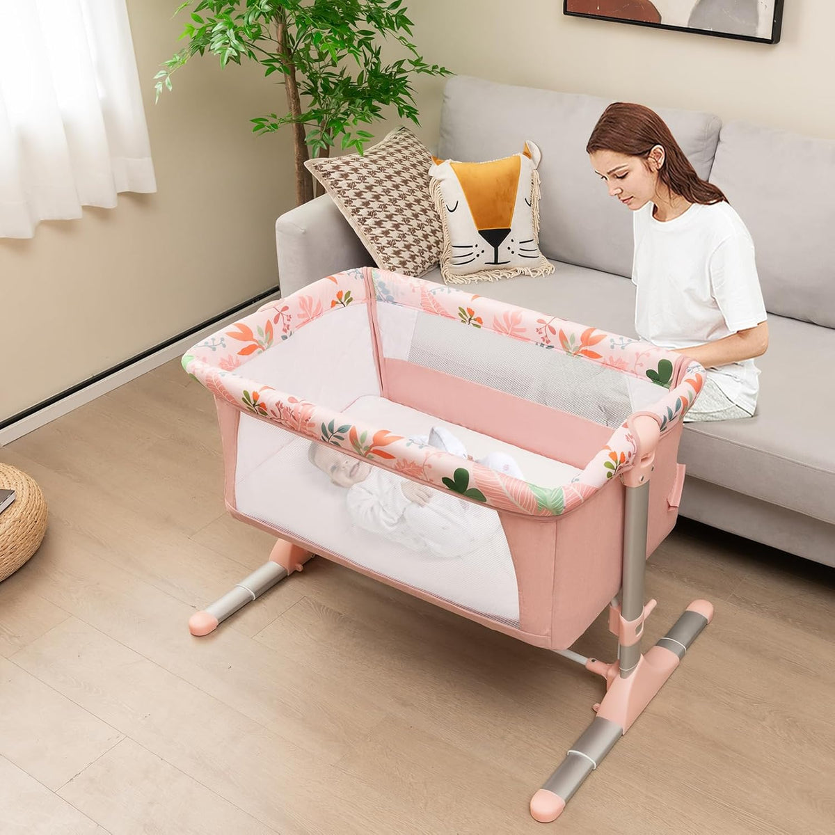 BABY JOY Folding Baby Bassinet Bedside Sleeper, Portable Co-Sleeper Travel Cot for Newborn/Infant w/4 Adjustable Heights