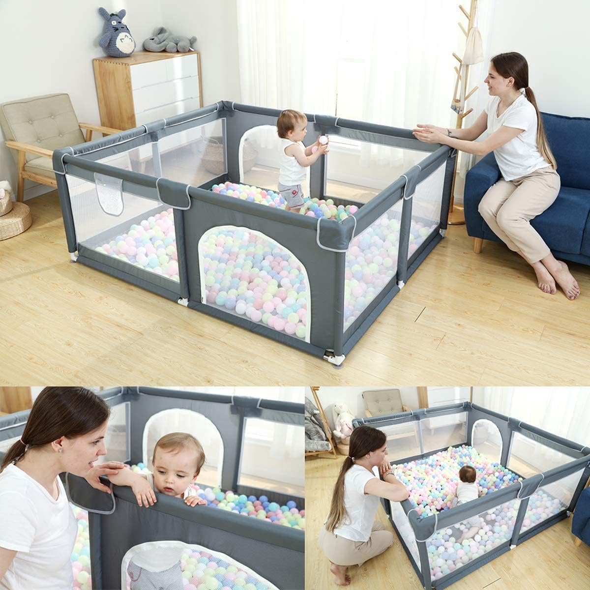 HAOIOPM Baby Playpen for Babies 150 * 180 * 65CM Large Baby Fence,20 Ocean Balls,Gray