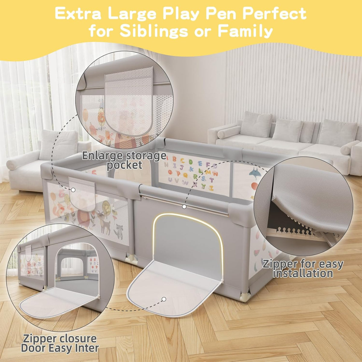 Baby Playpen 200 x 160 cm, Extra-Large Non-Slip Playpen with 50 Ocean Balls(Gray)