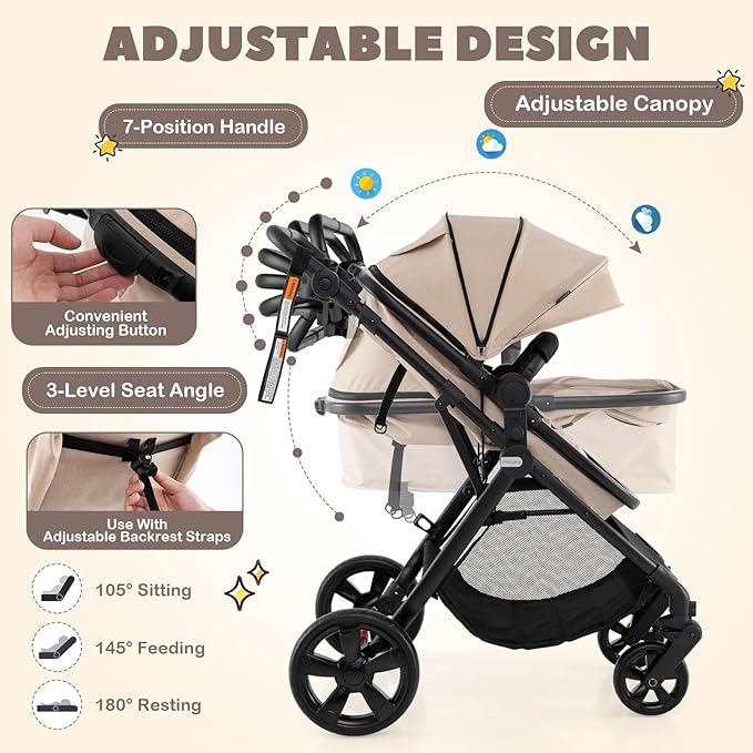High Landscape Baby Stroller, 2 in 1 Convertible Baby Pram Jogger with Adjustable Canopy & Backrest