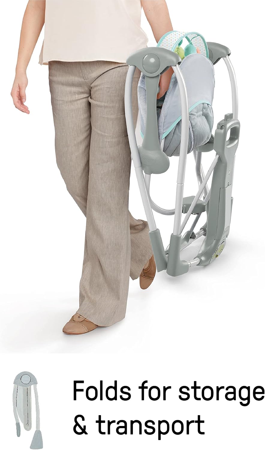 Ingenuity Swing 'n Go 5-Speed Baby Swing - Foldable, Portable, 2 Plush Toys & Sounds, 0-9 Months 6-20 lbs (Hugs & Hoots)