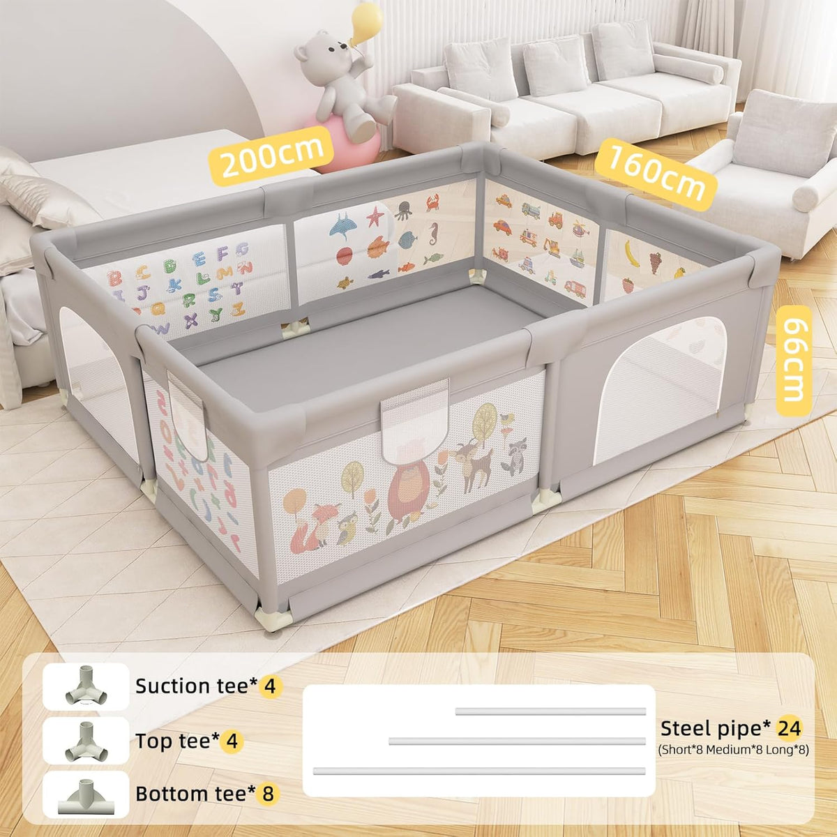 Baby Playpen 200 x 160 cm, Extra-Large Non-Slip Playpen with 50 Ocean Balls(Gray)