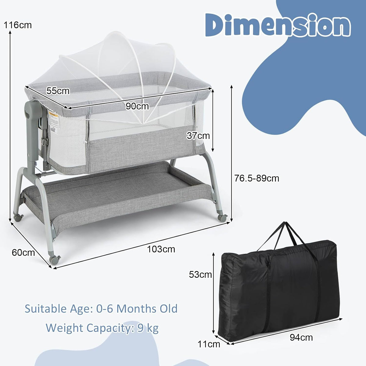 BABY JOY 4 in 1 Baby Bassinet with Mattress, Baby Bedside Sleeper w/Rocking Mode, 6 Adjustable Height, Mosquito Net & Lockable Wheels, Portable Baby Cradle Travel Crib w/Carry Bag (Light Grey)