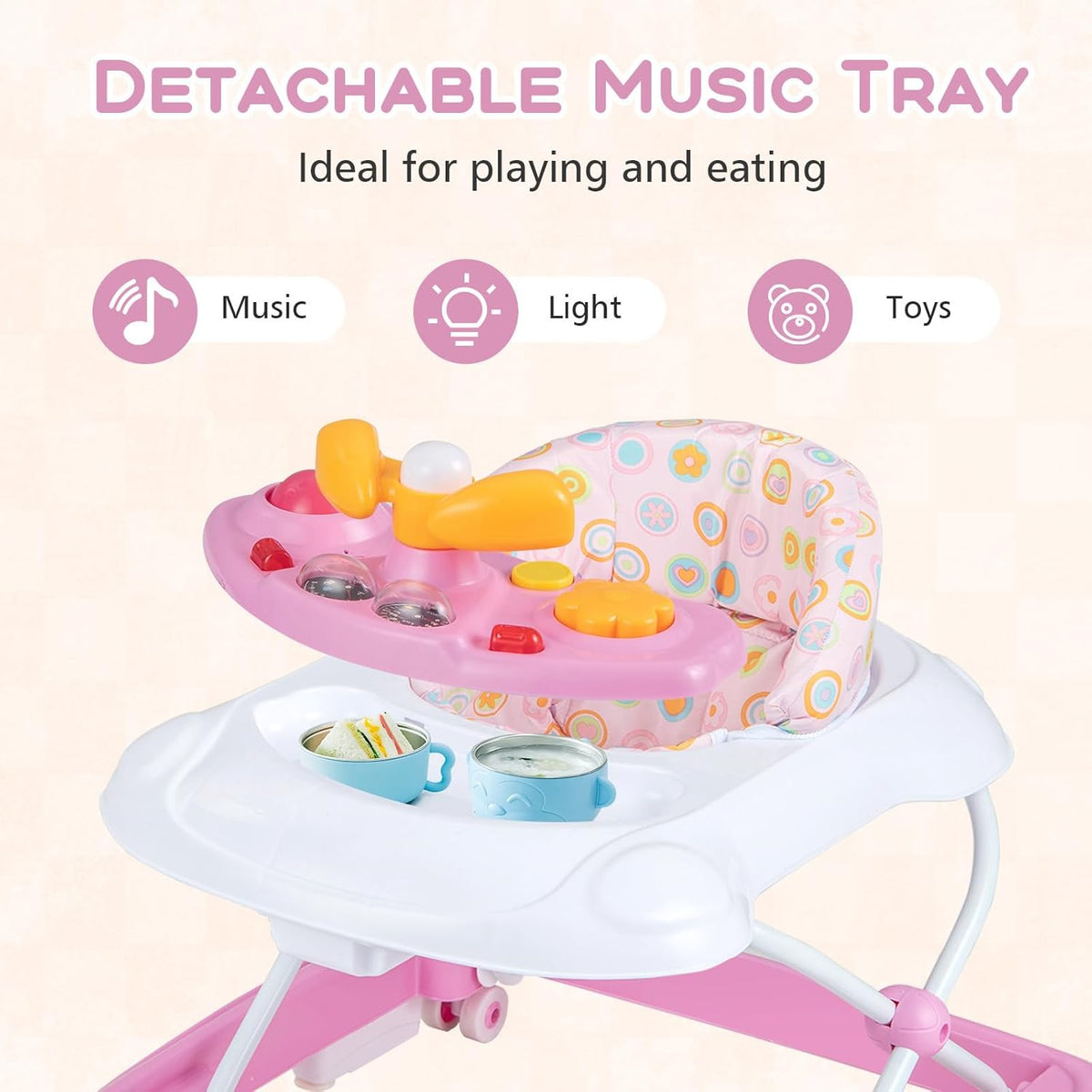 BABY JOY Foldable Baby Walker, Toddler Activity Center Push Walker with 3 Adjustable Heights(Pink)