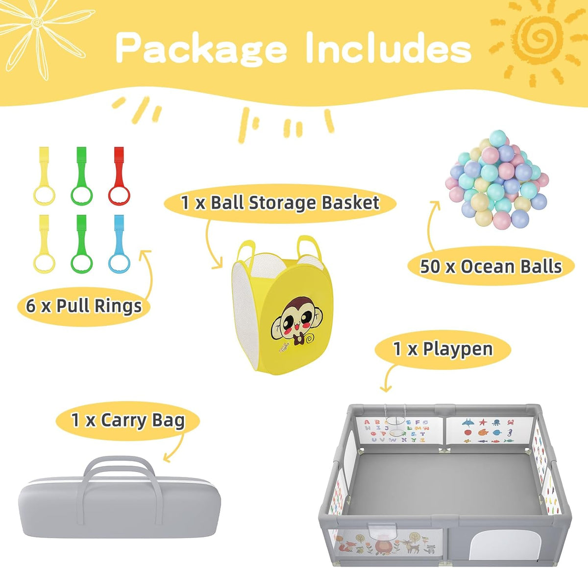 Baby Playpen 200 x 160 cm, Extra-Large Non-Slip Playpen with 50 Ocean Balls(Gray)