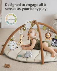 Blissful Diary Baby Play Gym & Activity Mat, Leaf Shaped Baby Tummy Time Play Mat with 6 Detachable Toys, Promotes Motor Skills & Sensory Development, Oatmeal Beige