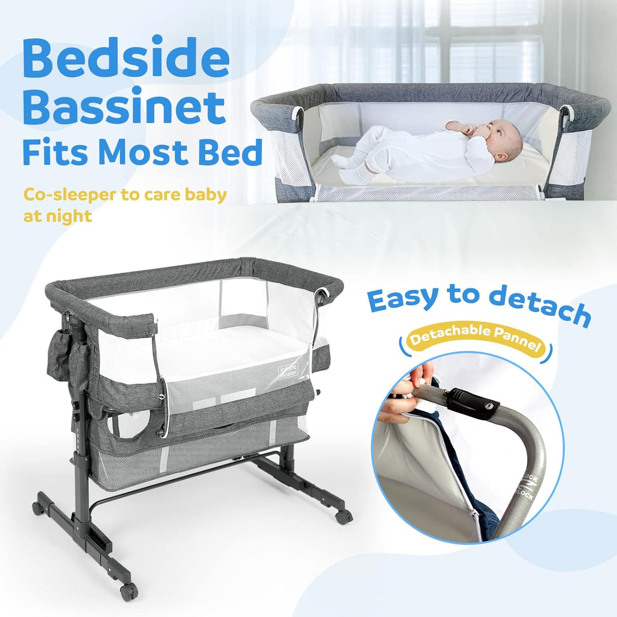 3 in 1 Baby Bassinet, Upgraded Beside Crib with 360° Highly Visible Mesh wall, Comfy Co-sleeper Bassinet with mattress, 5 Level Adjustable Height, Foldable & Portable BabyTravel Crib for Newborn, Grey