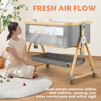 PlayPals 3-in-1 Baby Cot with Mattress, Baby Bassinet with 6 Height Adjustable, Storage Basket, Mosquito Net & Lockable Wheels, Baby Bassinet Bedside Sleeper Suitable for Babies 0-18 Months Old