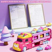 Car Toys for Age 2 3 4 5 6 7 Year Girl Toddler, Foldable Track & 2 Player Race Mode Game, Light & Sound Push Transport Carrier Truck W/ 6 Princess Car, Birthday Gift Idea for Kid