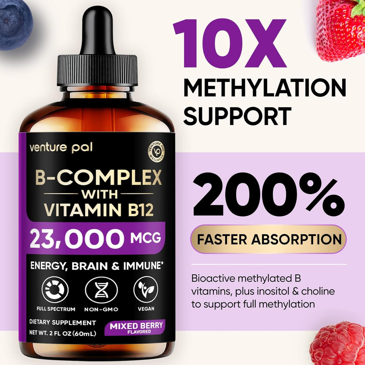 Venture Pal 11-in-1 Vitamin B Complex Liquid Drops, B12 Methylcobalamin | B9 Folic | B1,B2,B3,B5,B6,B7 - Vitamin C, Choline, Inositol, Immune & Energy Metabolism, Brain & Heart Support