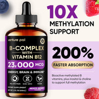 Venture Pal 11-in-1 Vitamin B Complex Liquid Drops, B12 Methylcobalamin | B9 Folic | B1,B2,B3,B5,B6,B7 - Vitamin C, Choline, Inositol, Immune & Energy Metabolism, Brain & Heart Support