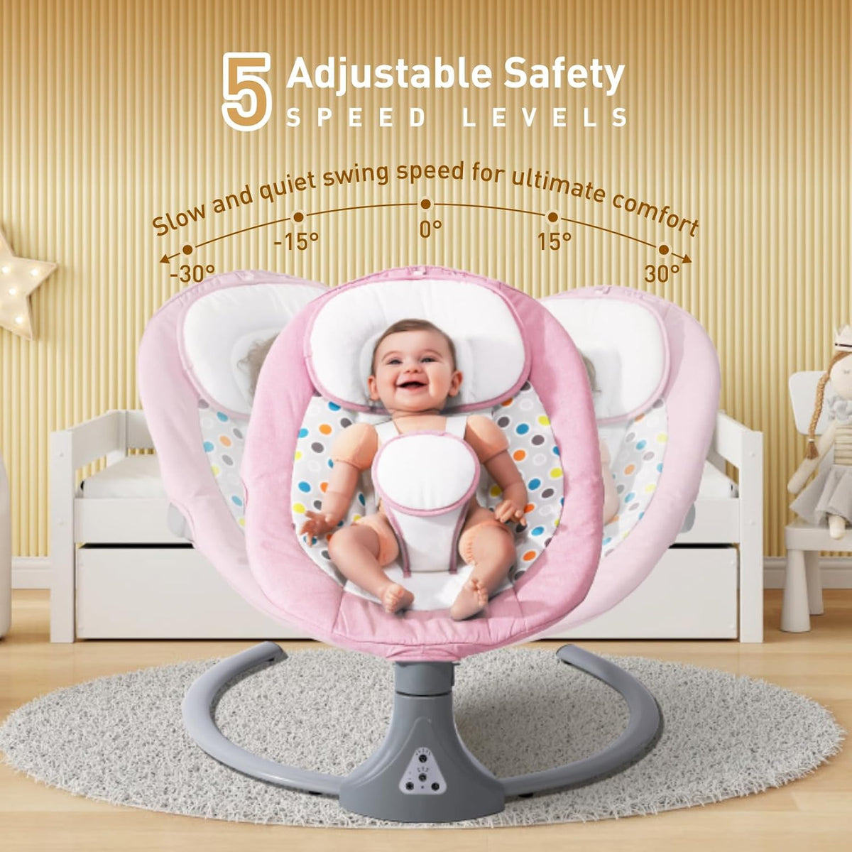 Electric Baby Swing Chair: Baby Rocker with Bluetooth Remote Control - Baby Bouncer Chair 5 Speeds & 12 Preset Lullabies Toddler Swing with 3 Timers for Newborn Boys & Girls (Pink)
