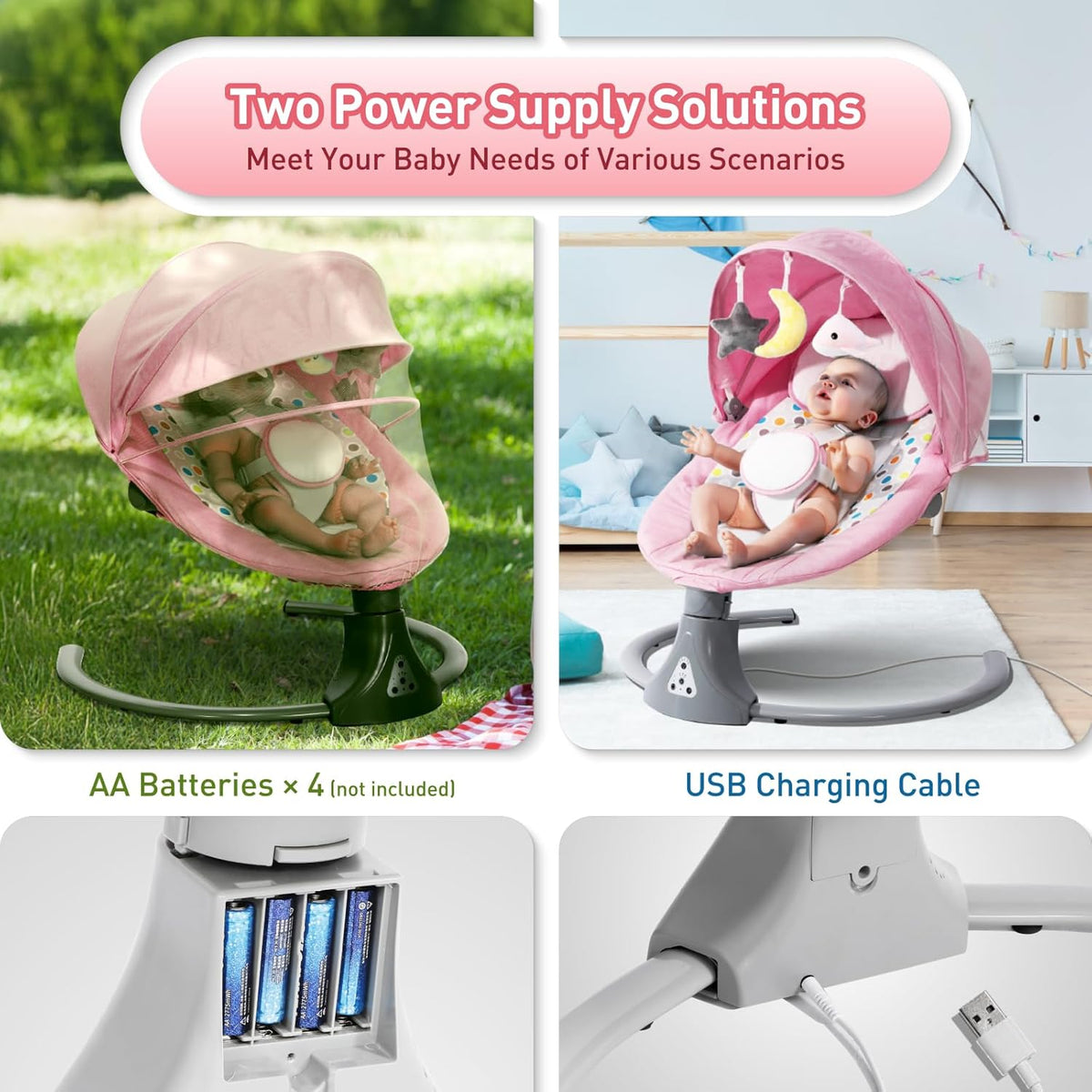 Electric Baby Swing Chair: Baby Rocker with Bluetooth Remote Control - Baby Bouncer Chair 5 Speeds & 12 Preset Lullabies Toddler Swing with 3 Timers for Newborn Boys & Girls (Pink)