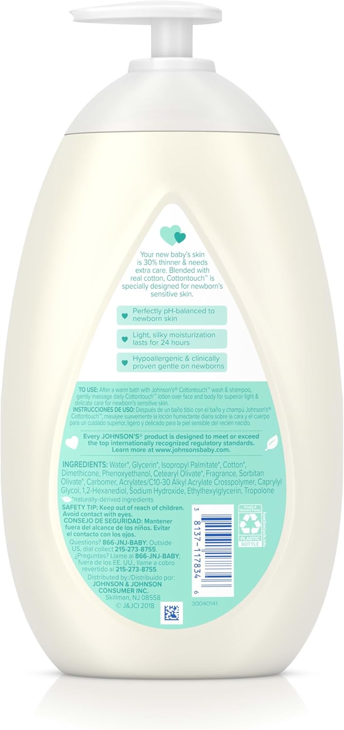 Johnson's CottonTouch Newborn Baby Face and Body Lotion, Made with Real Cotton, 27.1 fl. oz