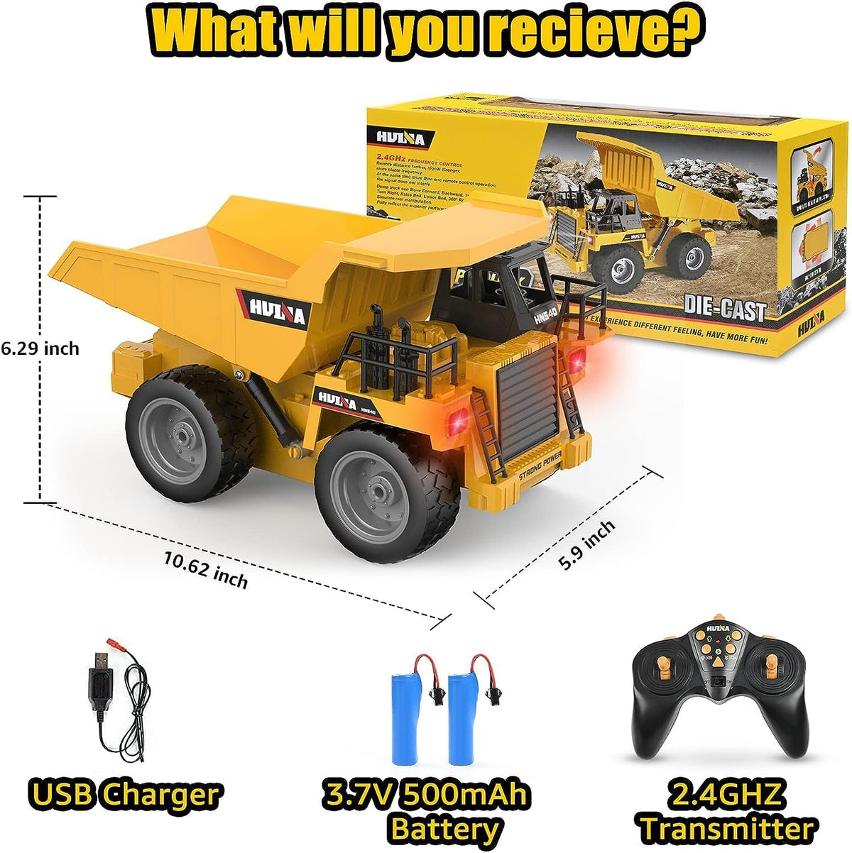 Remote Control Dump Truck Toy,2 Rechargeable Batteries RC Trucks 9 Channel 4WD with Lights