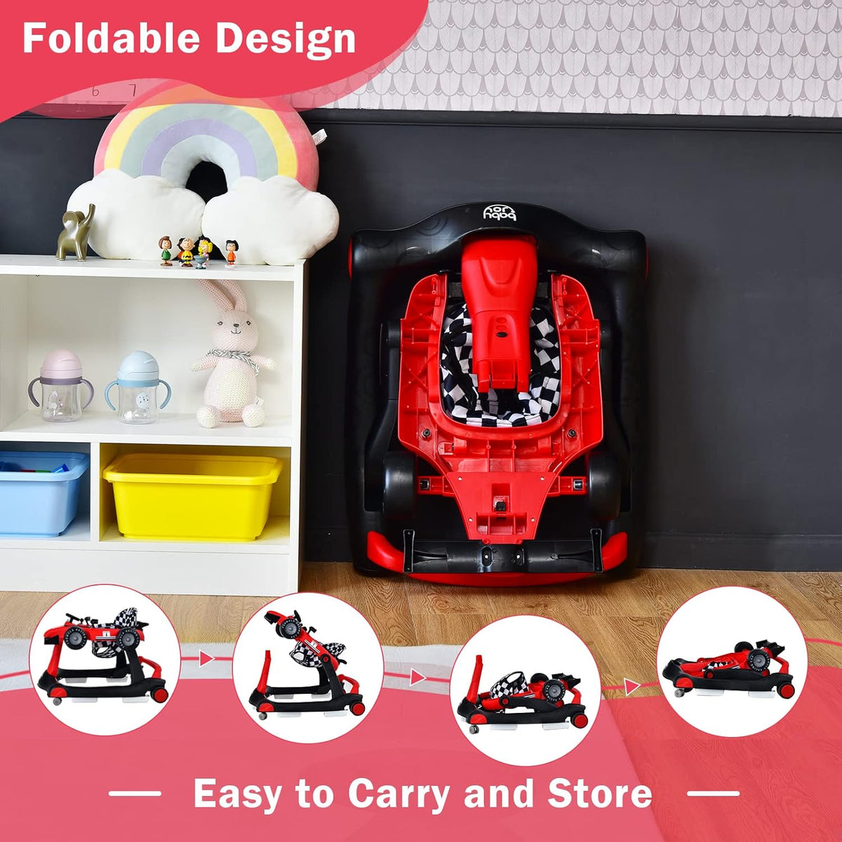 BABY JOY 4-in-1 Baby Walker, Foldable Activity Car Baby Walker w/3 Adjustable Height (Red)