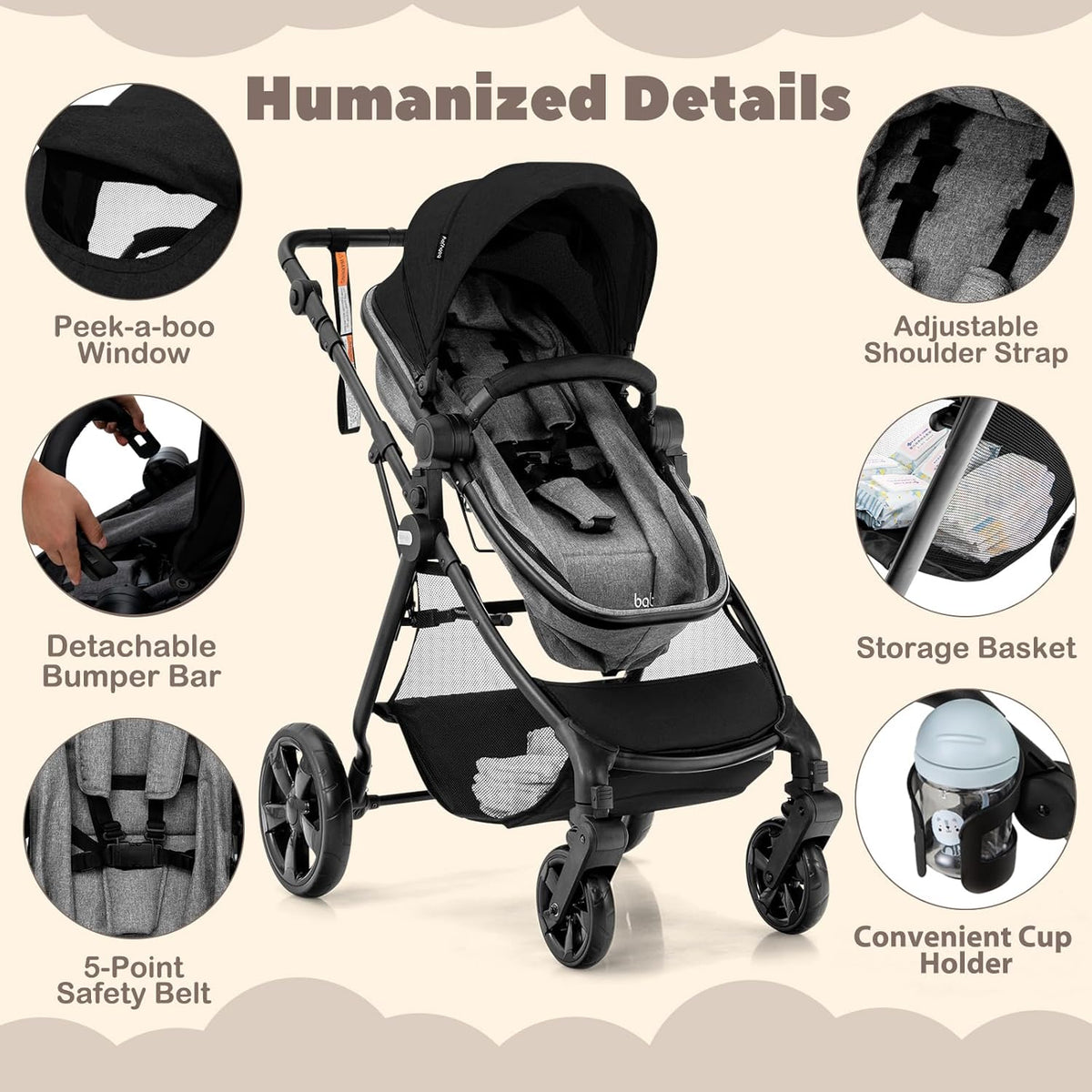 High Landscape Baby Stroller, 2 in 1 Convertible Baby Pram Jogger with Adjustable Canopy (Black)