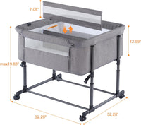 MTWML Twin Bassinet for 2 Babies,Portable Twins Crib with Storage Bag and Replaceable Mattress Cover,Adjustable Height Double Bedside Crib Attaches to Bed with Strap for 0-6 Months Twins Baby Grey