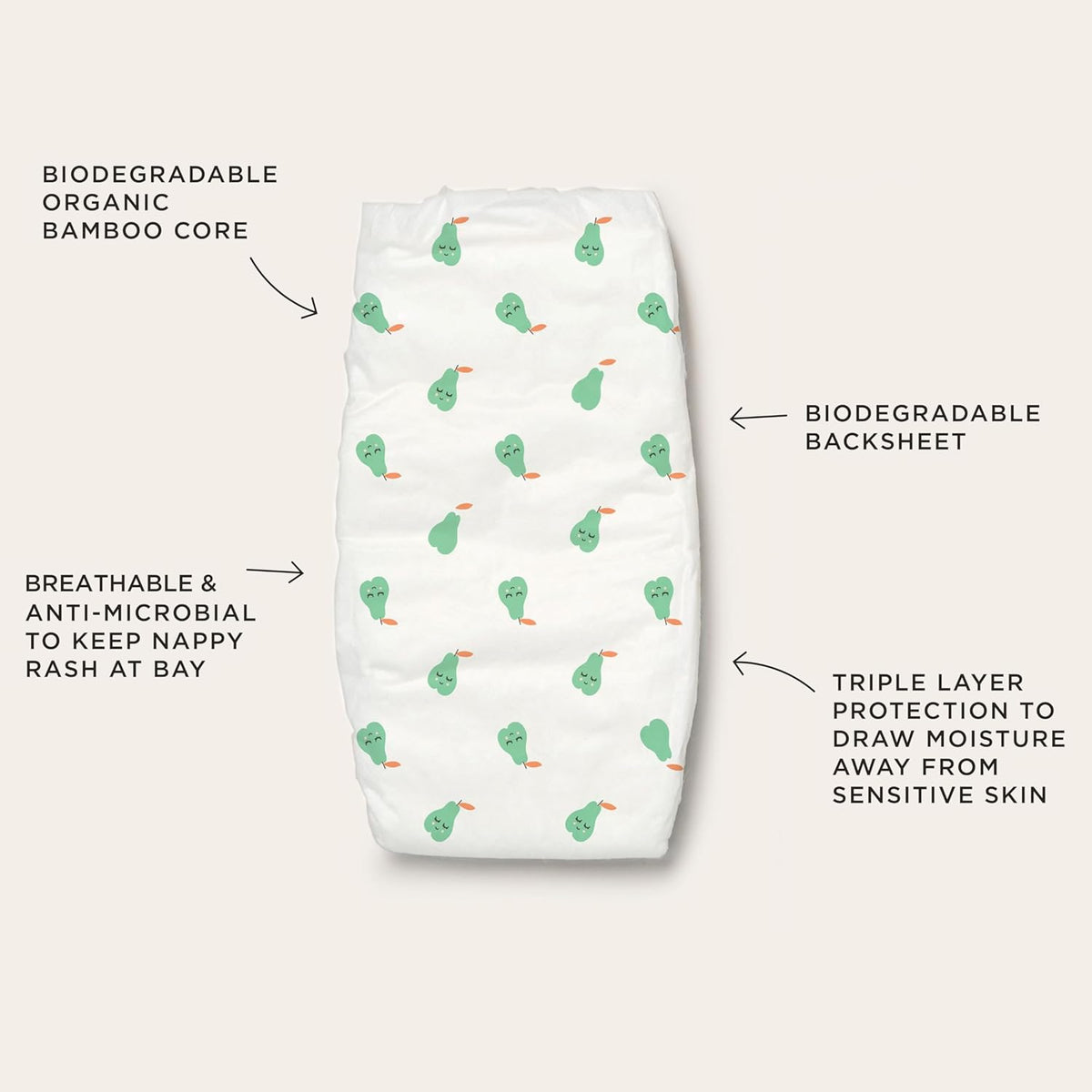 Tooshies Nappies Size 1 Newborn 3-5kg Made with Organic Bamboo 12 hrs leak free Unisex Pear Print 2 pack of 52