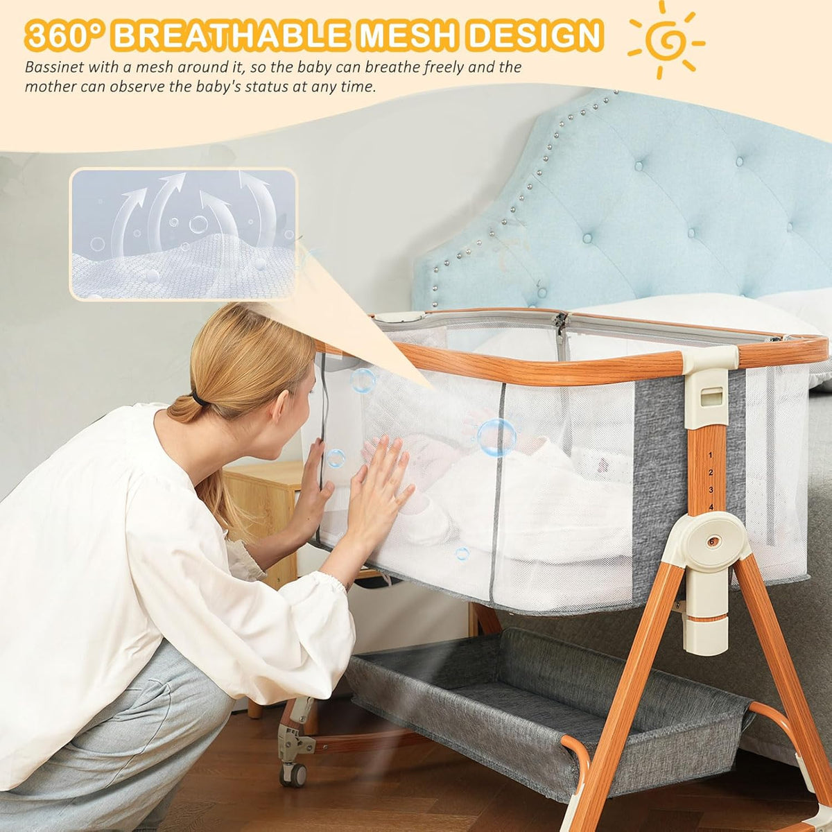 Baby Bassinet, Bassinet Bedside Sleeper Co-Sleeper with Adjustable Height, 4-Sided Mesh Baby Crib with Wheels and Storage Basket for Newborn 0-6 Months (Grey)