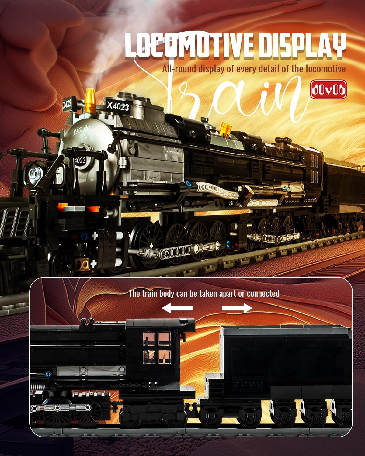 dOvOb Steam Train Big Boy Locomotive Building Kit with Train Track, Collectible Engineering Toys Display Set for Kids and Adult (1818 PCS)