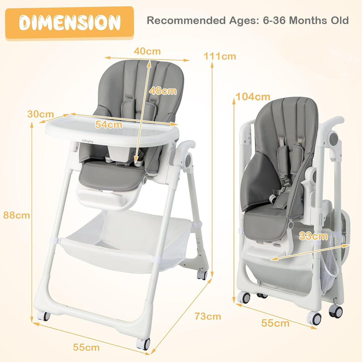 BABY JOY Baby High Chair, Foldable Highchair w/ 7 Heights, 5 Recline Positions(Grey)