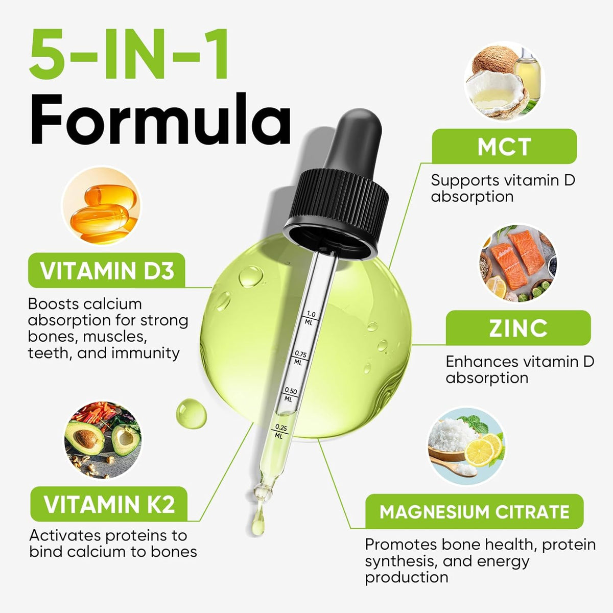 Venture Pal 5-in-1 Vitamin D3 10000 IU & K2 as MK-7 200mcg with Magnesium, MCT Oil, Zinc, Sugar-Free Vitamin D Liquid |Maximum Absorption for Bone, Mood & Immune Health - 2 FL OZ, 60 Days