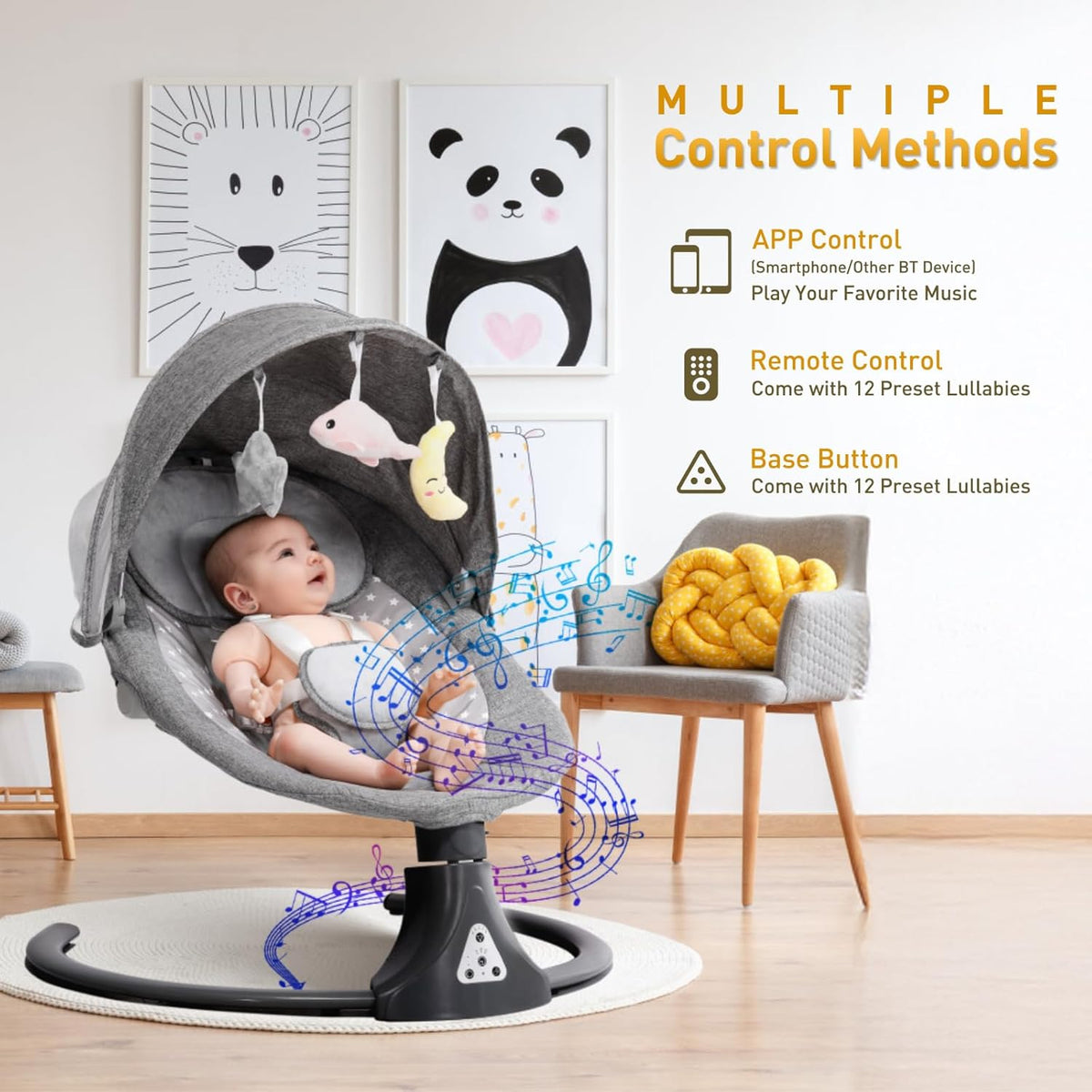 Electric Baby Swing Chair with Bluetooth Remote Control | Cordless 5-Speed Levels 12 Lullabies & 3 Timers | 3 Adjustable Angles - Rocking Chair for Newborn | Gray